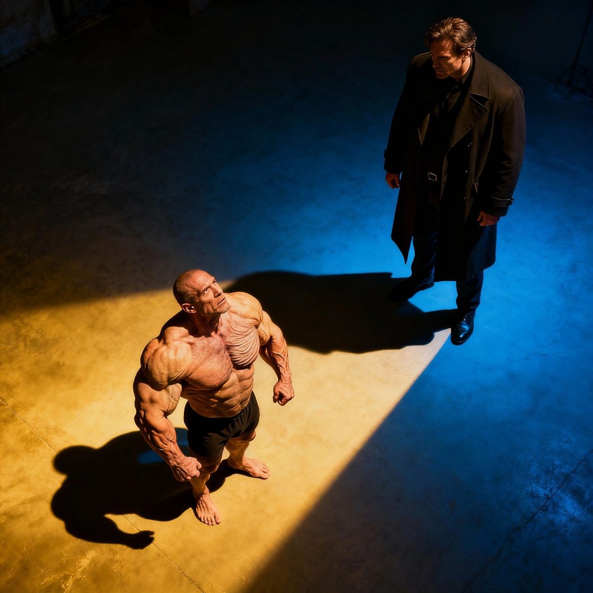 Overhead view of a muscular man in a spotlight looking up at a tall man in a dark coat