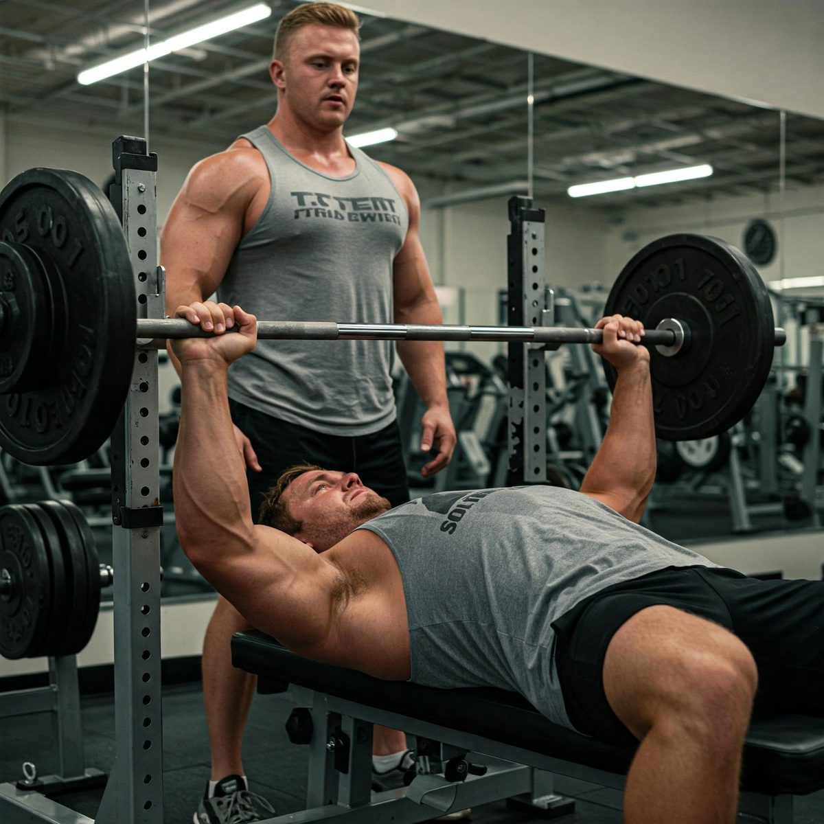 A man bench-pressing in a gym while a muscular man spots him
