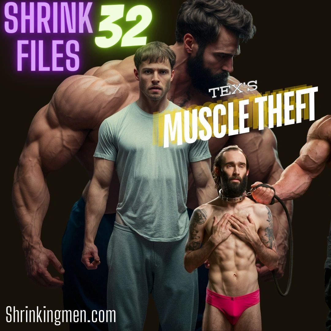 Cover of Shrink Files 32: Tex's Muscle Theft, a giant muscleman behind a man in pink briefs on a leash
