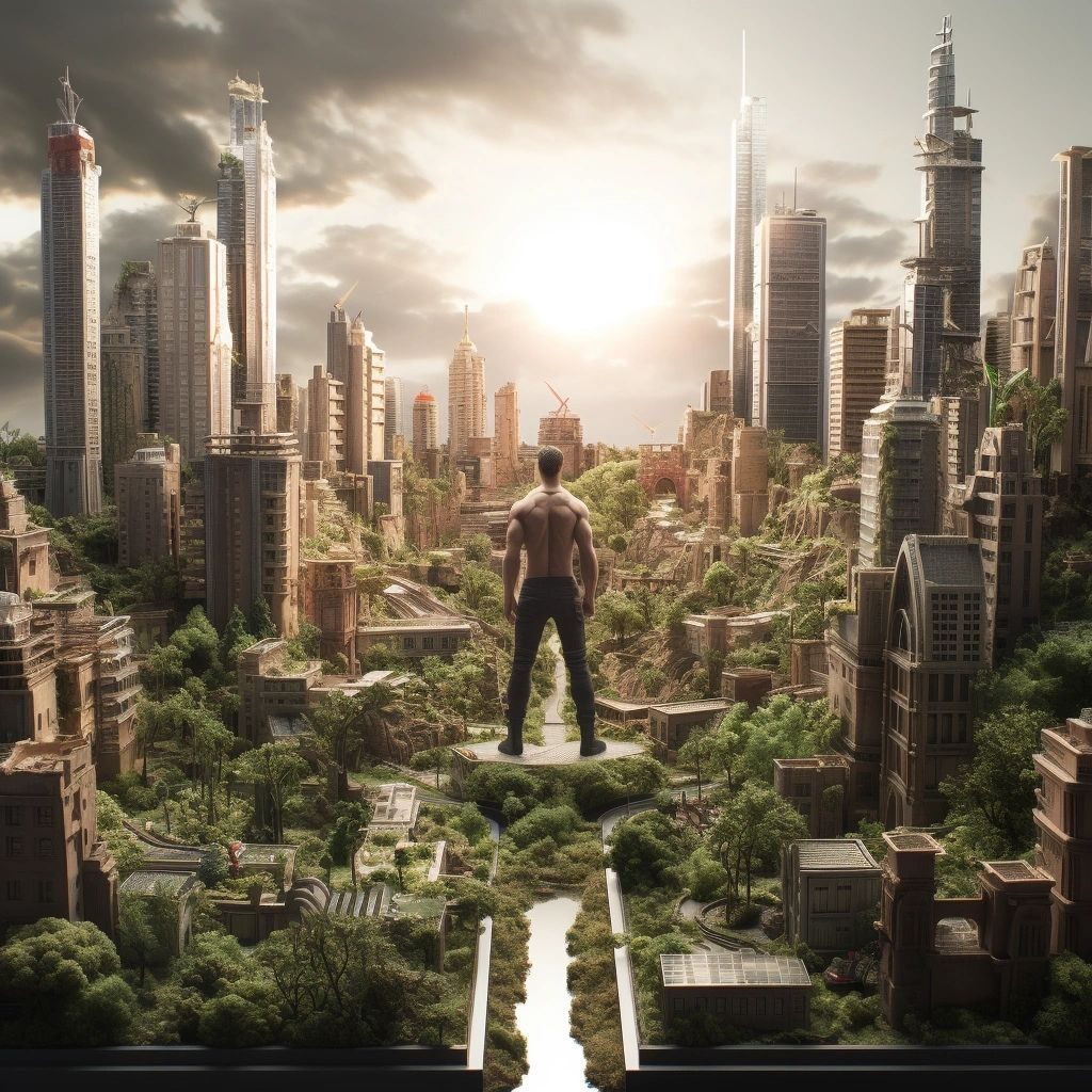 A giant man seen from behind standing in a miniature overgrown city facing the skyline