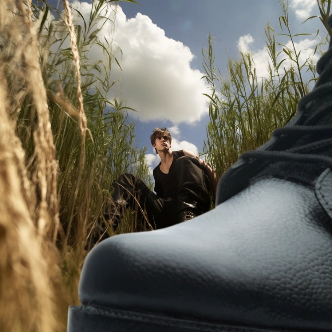 A tiny man crouching in long grass beside a giant black shoe