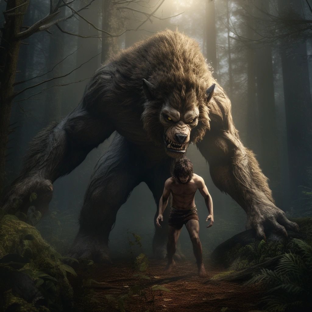 A huge werewolf attacking a muscular man in a dark forest