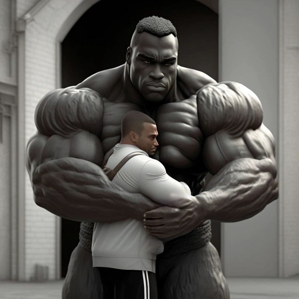 Black-and-white art of a giant muscleman hugging a much smaller man