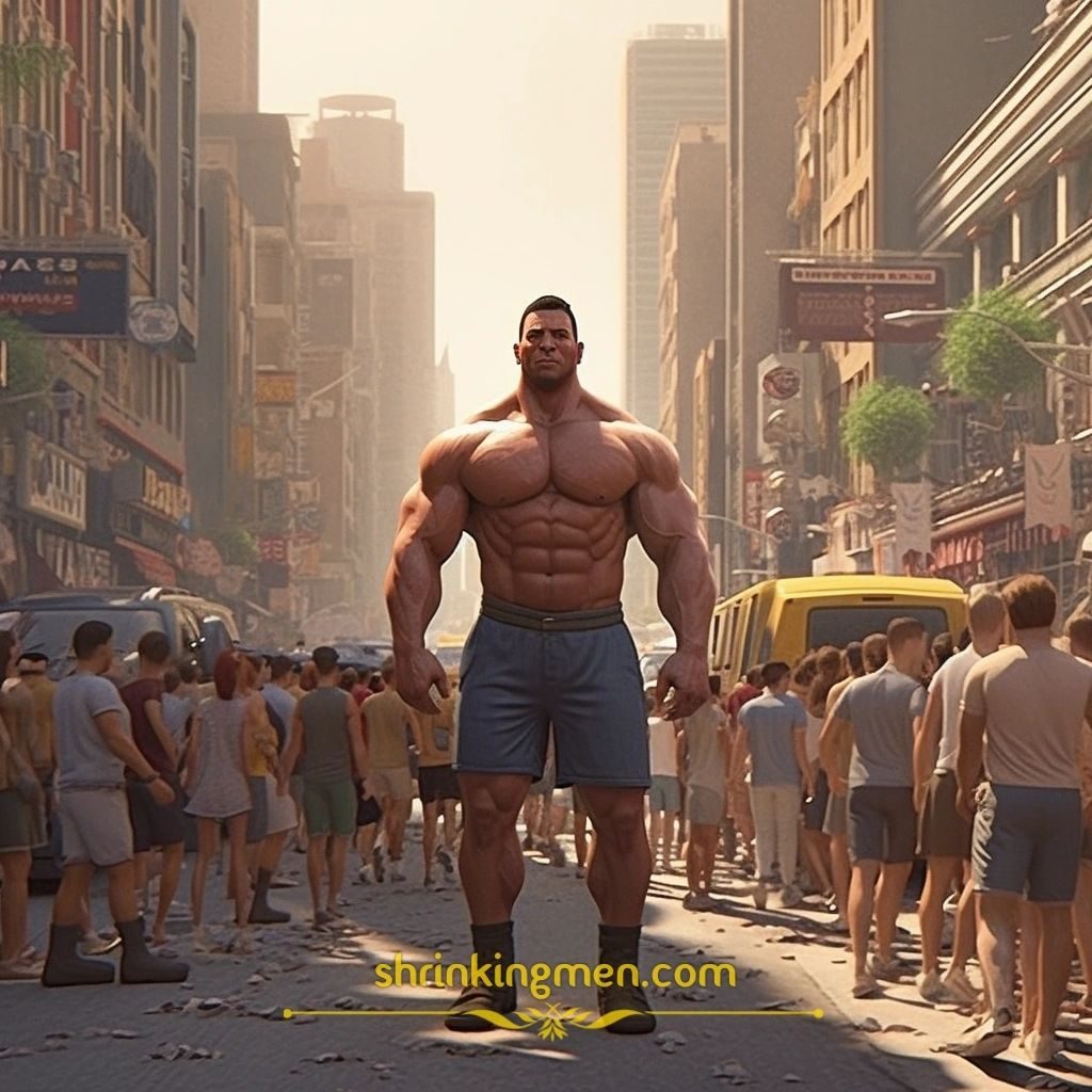 A giant muscleman in shorts striding down a city street through a crowd