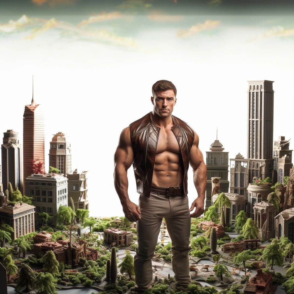 A giant shirtless man in an open leather waistcoat standing in a miniature city