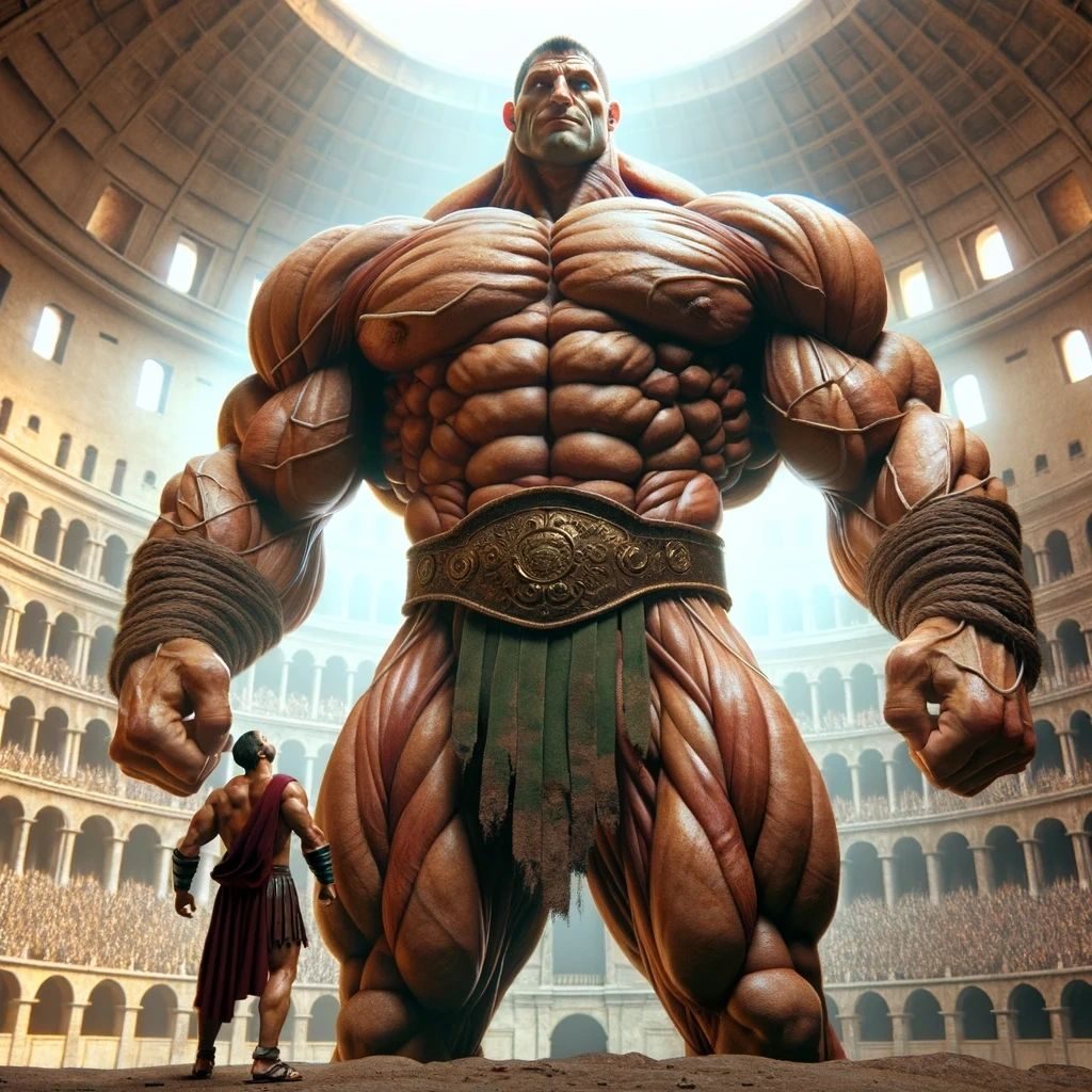A giant gladiator in a colosseum towering over a normal-sized gladiator