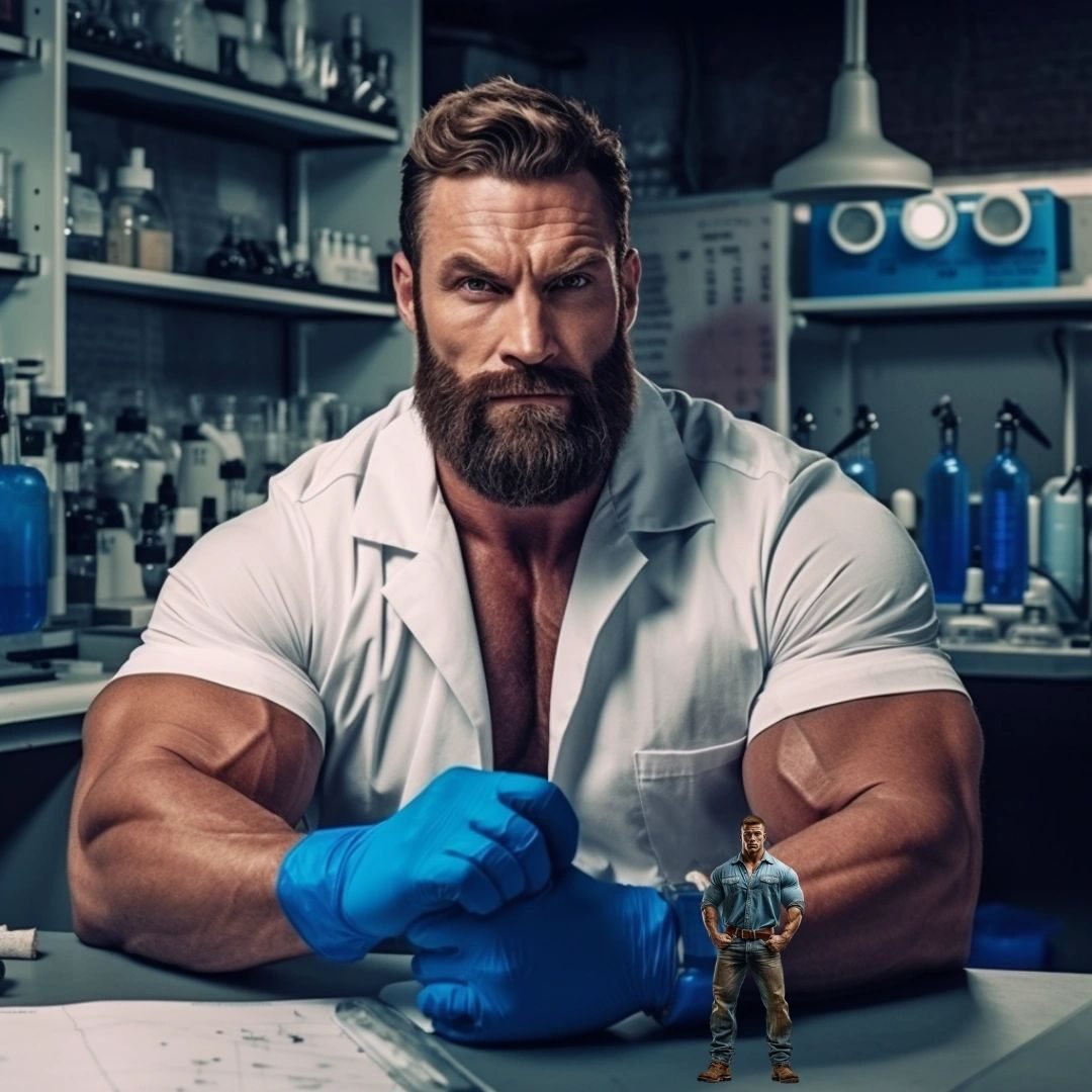 A bearded scientist in a lab coat and blue gloves eyeing a tiny man on his desk