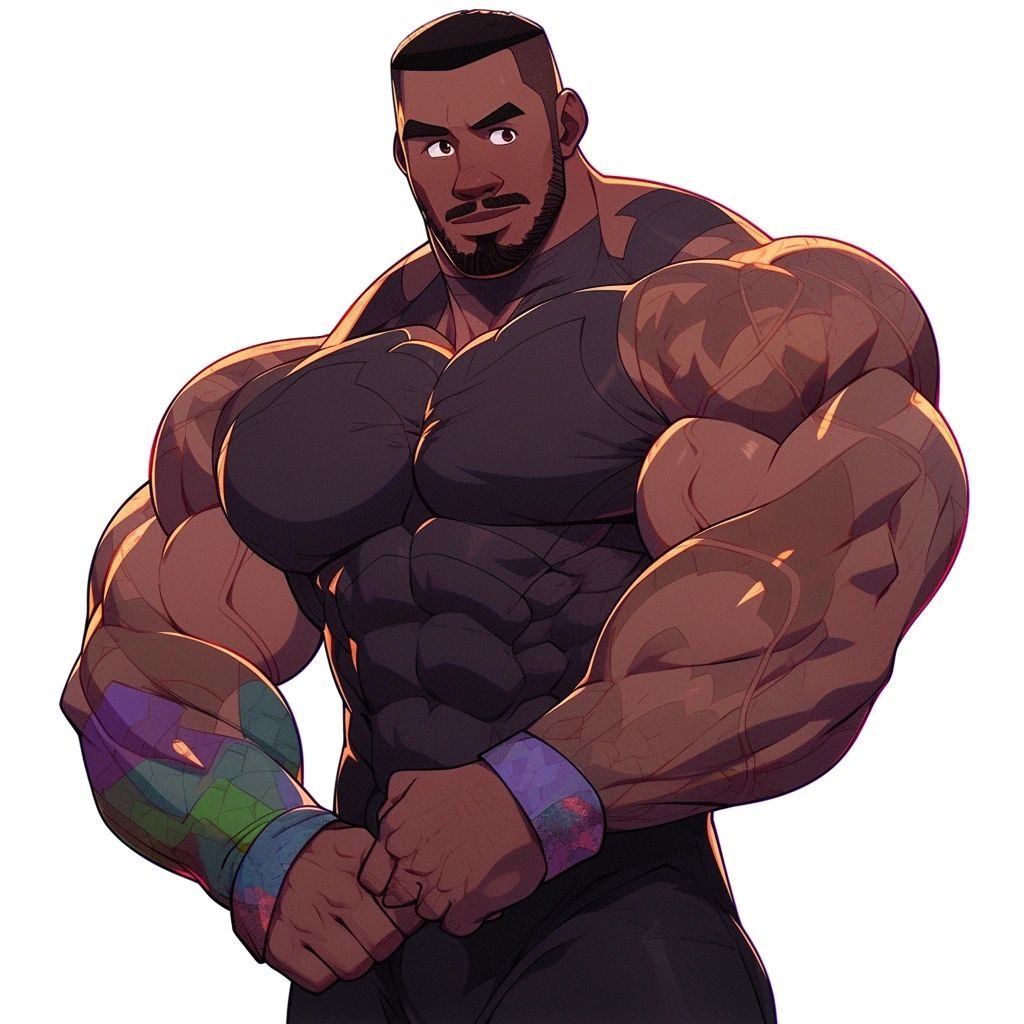 Cartoon of a hugely muscled man in a tight black top clenching his fists