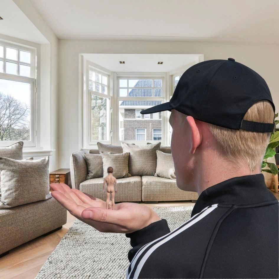 A man in a cap holding a tiny naked man on his palm in a bright living room