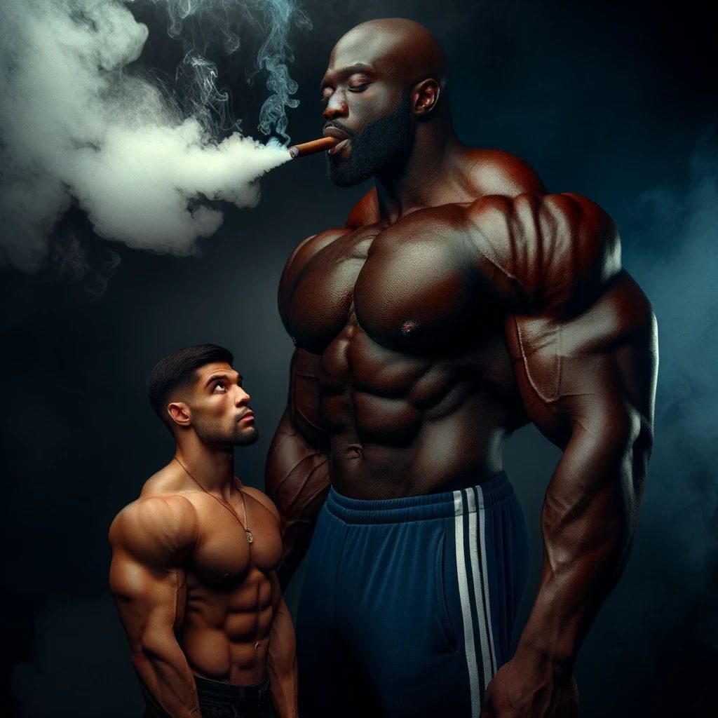 A giant muscleman puffing a cigar while a smaller shirtless muscular man gazes up at him