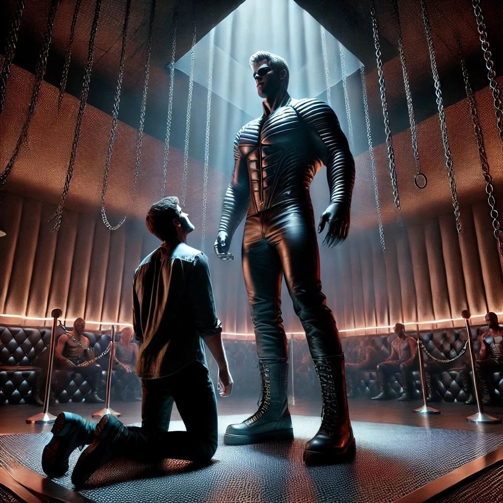 A giant in a black leather catsuit and boots in a dungeon club, a man kneeling before him