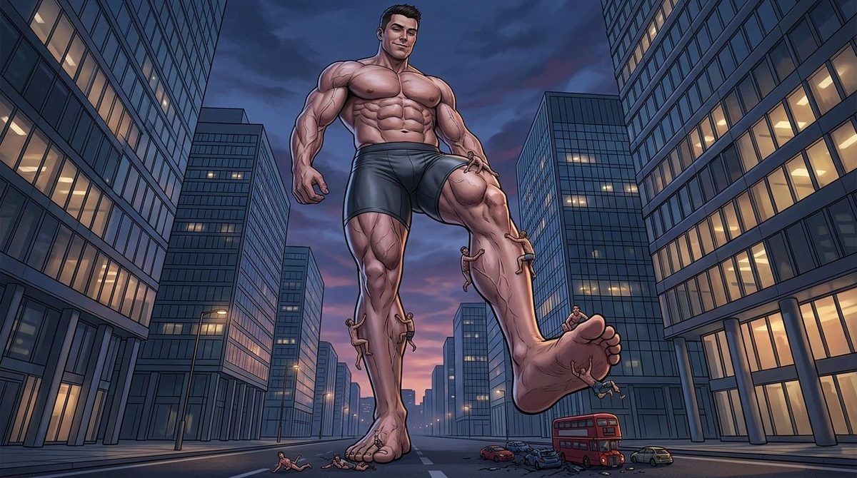 A giant muscleman in black shorts stomping barefoot through a city at dusk