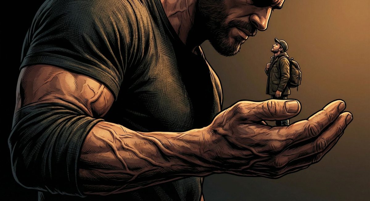 A muscular man in a black T-shirt holding a tiny man with a backpack in his palm