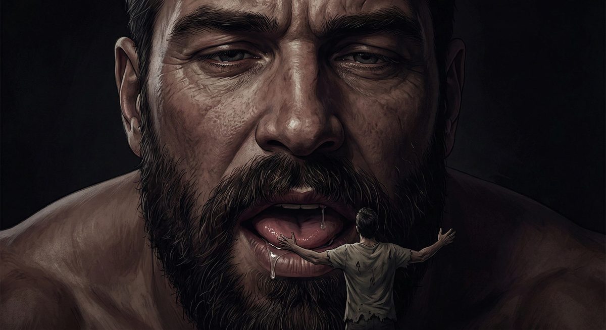 A bearded giant with his tongue out as a tiny man stands at his lips