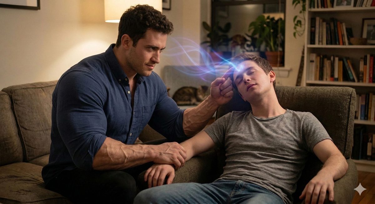 A man touching the forehead of a sleeping man on a sofa with a glowing hypnotic light