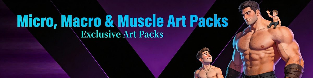 Banner for Micro, Macro & Muscle Art Packs, a cartoon muscleman with a tiny man on his shoulder