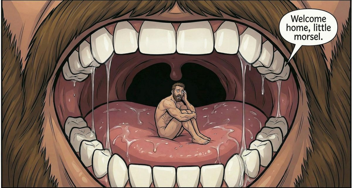 Cartoon of a tiny naked man sitting inside a giant's drooling mouth: 'Welcome home, little morsel'