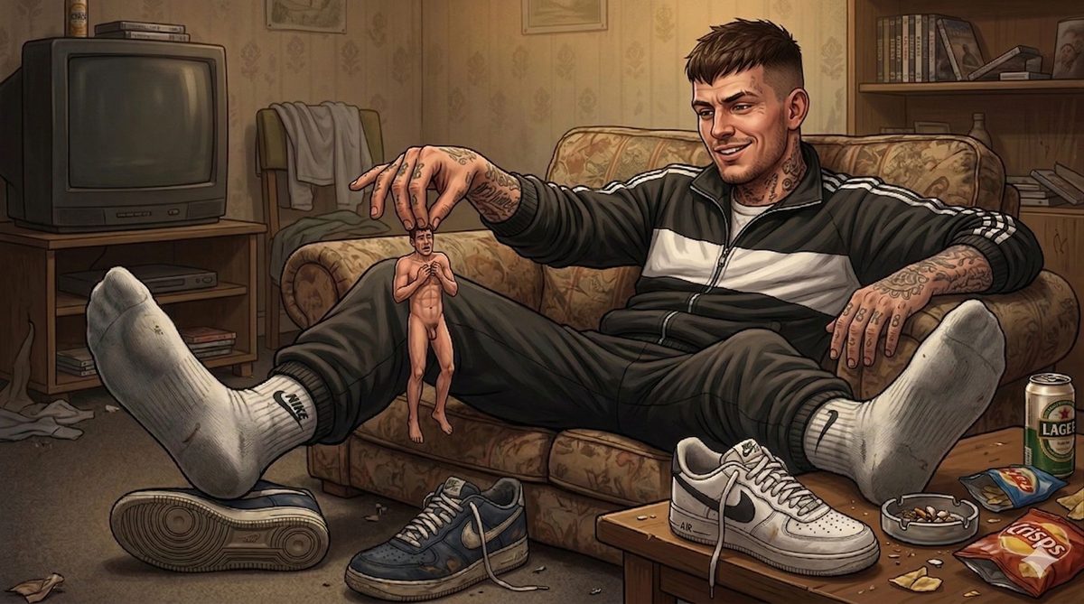 A man in a tracksuit on a sofa dangling a tiny naked man between his fingers