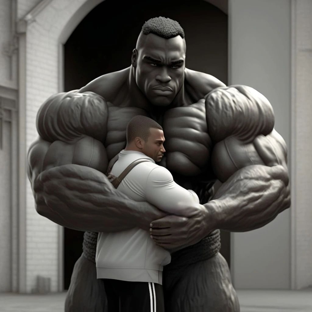 Black-and-white art of a giant muscleman hugging a much smaller man