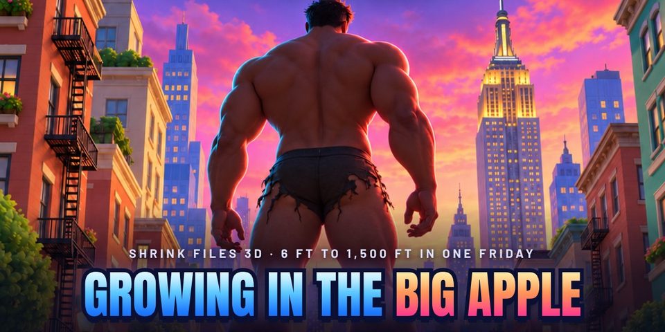 Growing in the Big Apple: a giant in torn shorts towers over the New York skyline