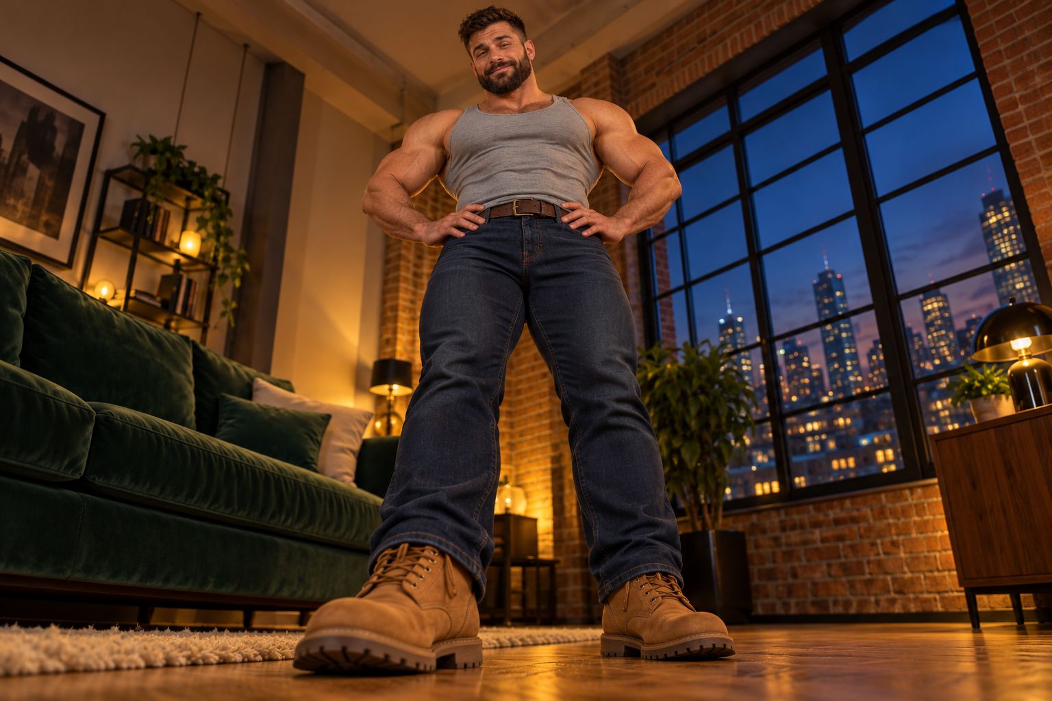 The man towering over you from floor level, hands on his hips