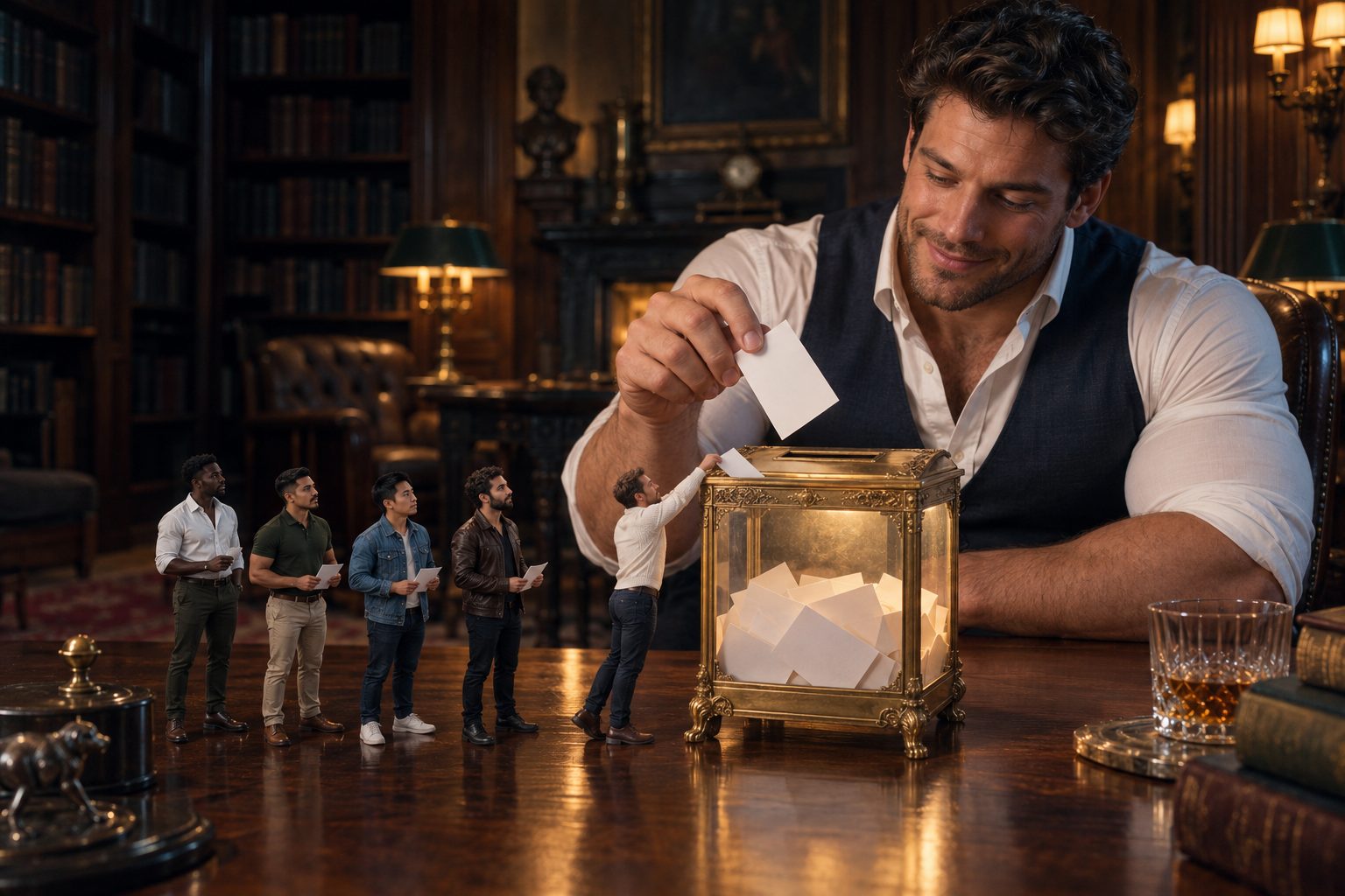 A muscular giant drops a golden voting slip into a glowing ballot box while a queue of tiny men waits on the table to vote